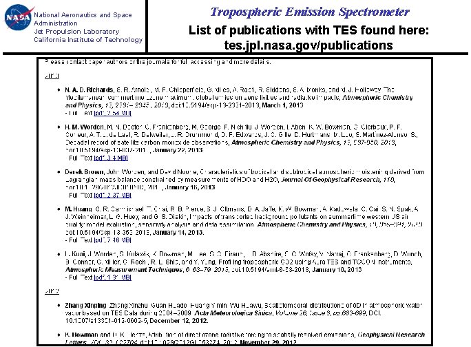 National Aeronautics and Space Administration Jet Propulsion Laboratory California Institute of Technology Tropospheric Emission