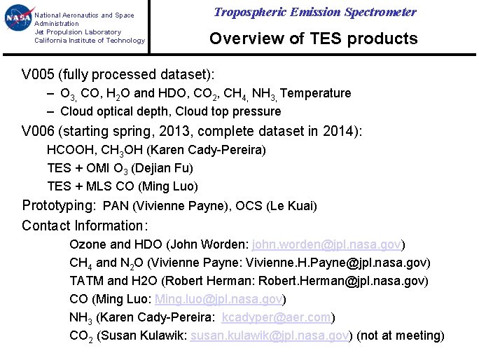 National Aeronautics and Space Administration Jet Propulsion Laboratory California Institute of Technology Tropospheric Emission