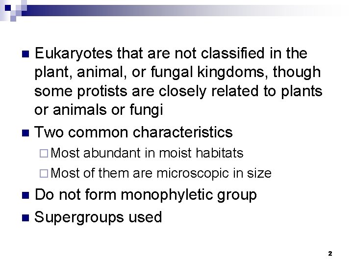 Eukaryotes that are not classified in the plant, animal, or fungal kingdoms, though some