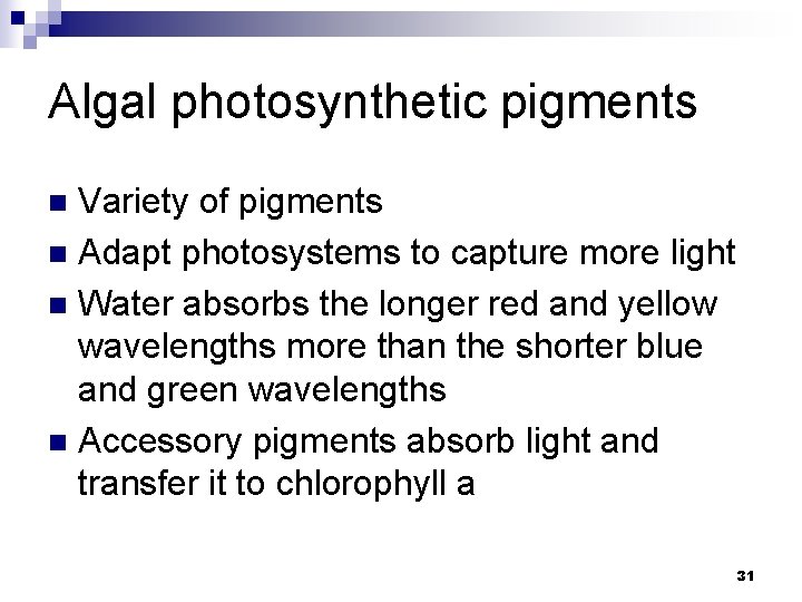 Algal photosynthetic pigments Variety of pigments n Adapt photosystems to capture more light n