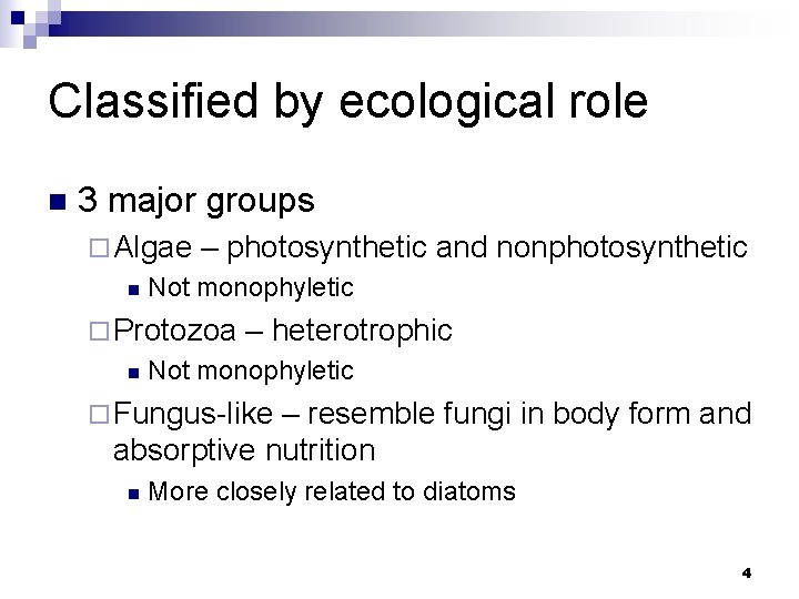 Classified by ecological role n 3 major groups ¨ Algae n – photosynthetic and