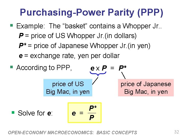 Purchasing-Power Parity (PPP) § Example: The “basket” contains a Whopper Jr. . P =