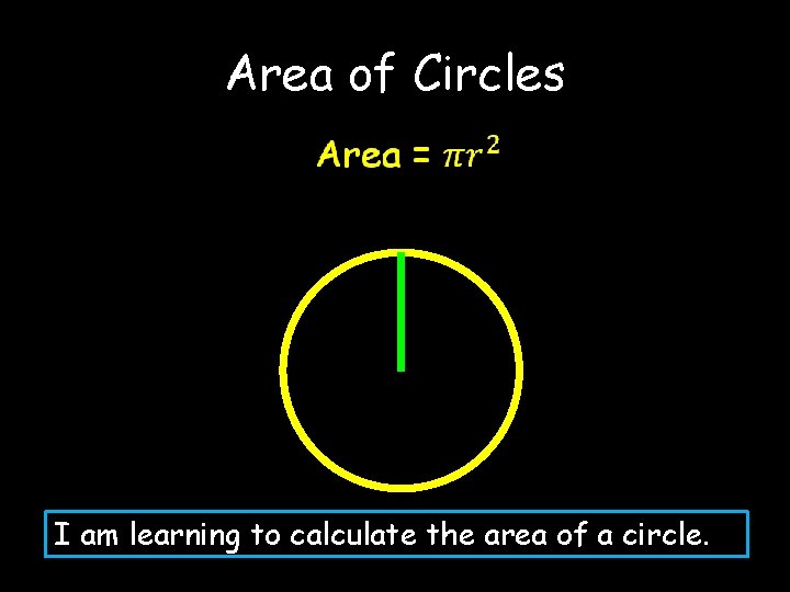 Area of Circles I am learning to calculate the area of a circle. 