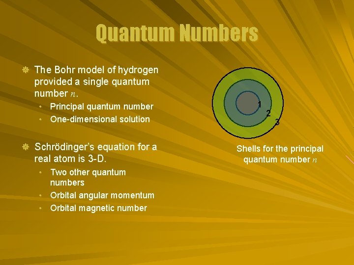 Quantum Numbers ] The Bohr model of hydrogen provided a single quantum number n.