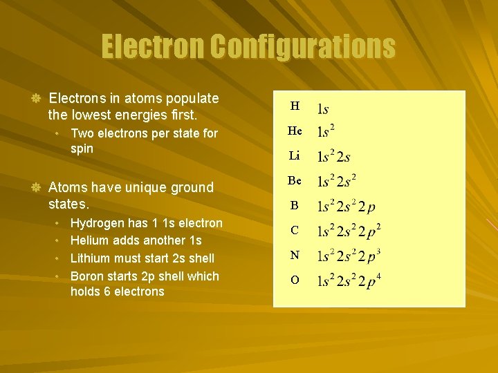 Electron Configurations ] Electrons in atoms populate the lowest energies first. • Two electrons