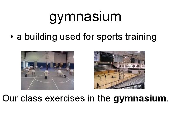gymnasium • a building used for sports training Our class exercises in the gymnasium.