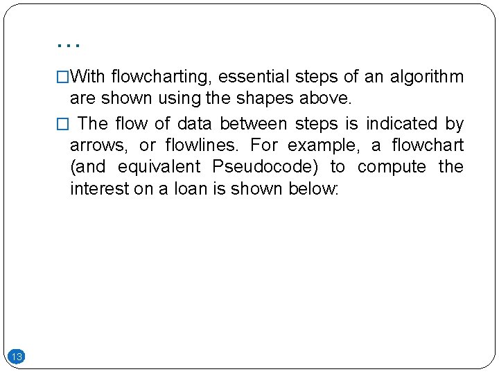 … �With flowcharting, essential steps of an algorithm are shown using the shapes above. … �With flowcharting, essential steps of an algorithm are shown using the shapes above.
