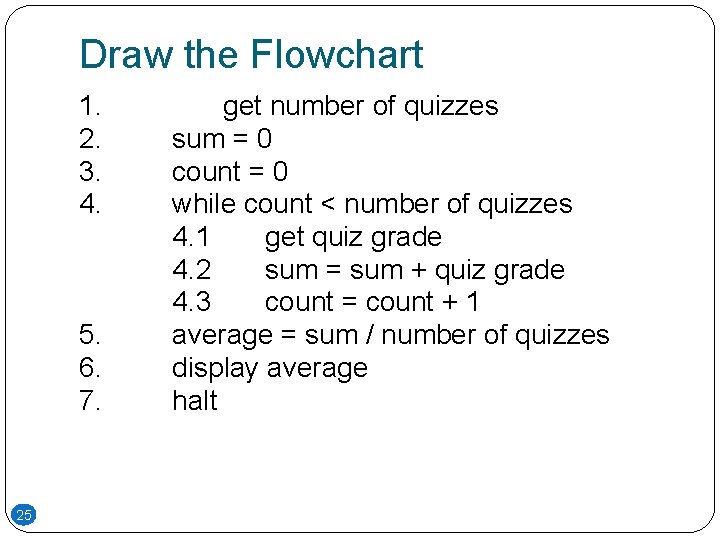 Draw the Flowchart 1. 2. 3. 4. 5. 6. 7. 25 get number of Draw the Flowchart 1. 2. 3. 4. 5. 6. 7. 25 get number of