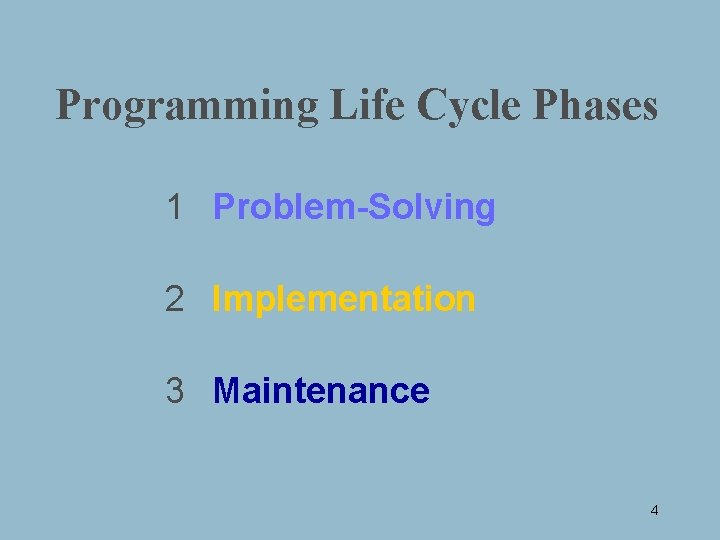 Programming Life Cycle Phases 1 Problem-Solving 2 Implementation 3 Maintenance 4 