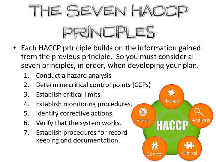  • Each HACCP principle builds on the information gained from the previous principle.