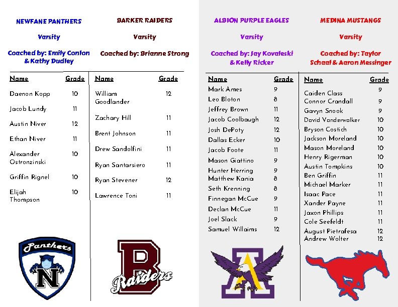NEWFANE PANTHERS BARKER RAIDERS ALBION PURPLE EAGLES MEDINA MUSTANGS Varsity Coached by: Emily Conlon
