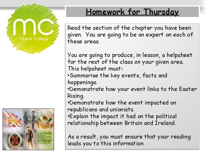 Homework for Thursday Read the section of the chapter you have been given. You