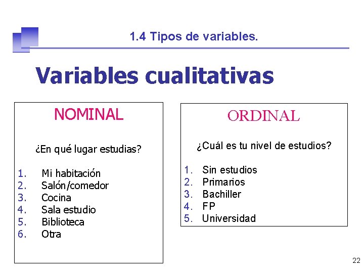 1. 4 Tipos de variables. Variables cualitativas 1. 2. 3. 4. 5. 6. NOMINAL