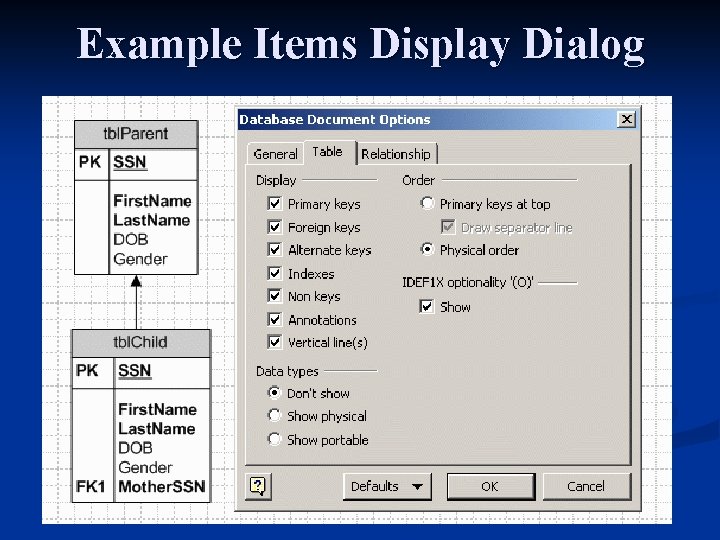 Example Items Display Dialog 