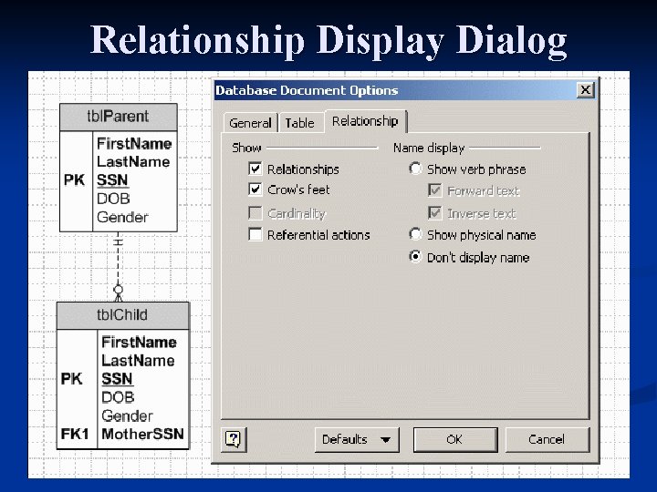 Relationship Display Dialog 