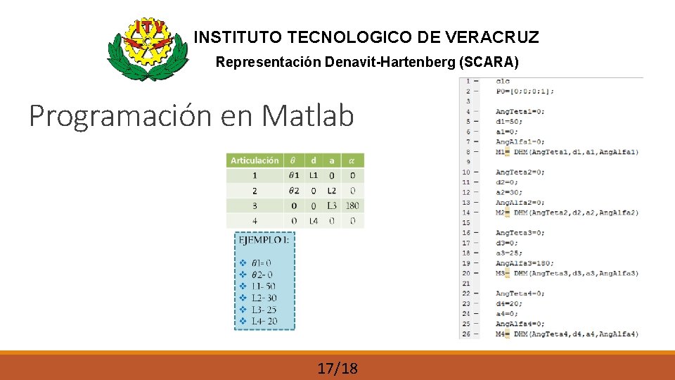 INSTITUTO TECNOLOGICO DE VERACRUZ Representación Denavit-Hartenberg (SCARA) Programación en Matlab 17/18 