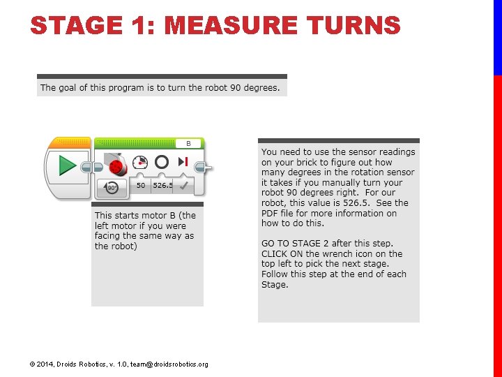 STAGE 1: MEASURE TURNS © 2014, Droids Robotics, v. 1. 0, team@droidsrobotics. org STAGE 1: MEASURE TURNS © 2014, Droids Robotics, v. 1. 0, team@droidsrobotics. org