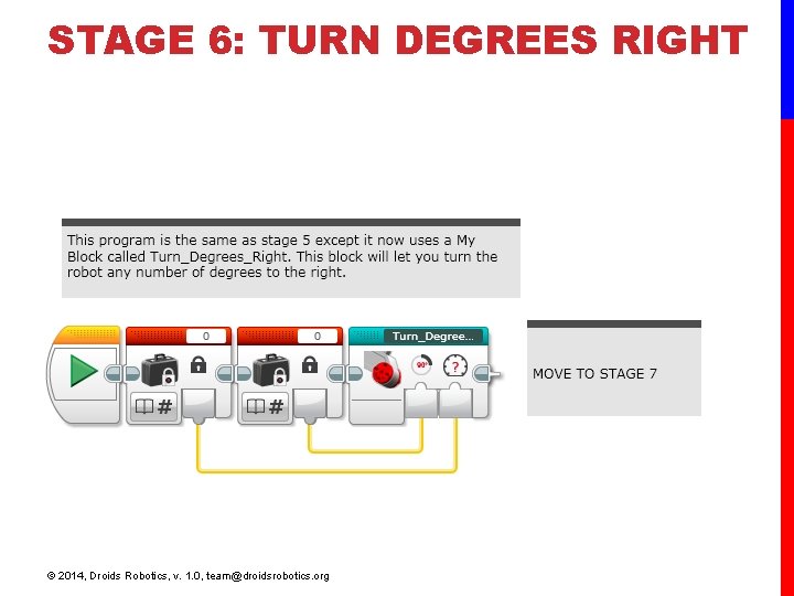 STAGE 6: TURN DEGREES RIGHT © 2014, Droids Robotics, v. 1. 0, team@droidsrobotics. org STAGE 6: TURN DEGREES RIGHT © 2014, Droids Robotics, v. 1. 0, team@droidsrobotics. org