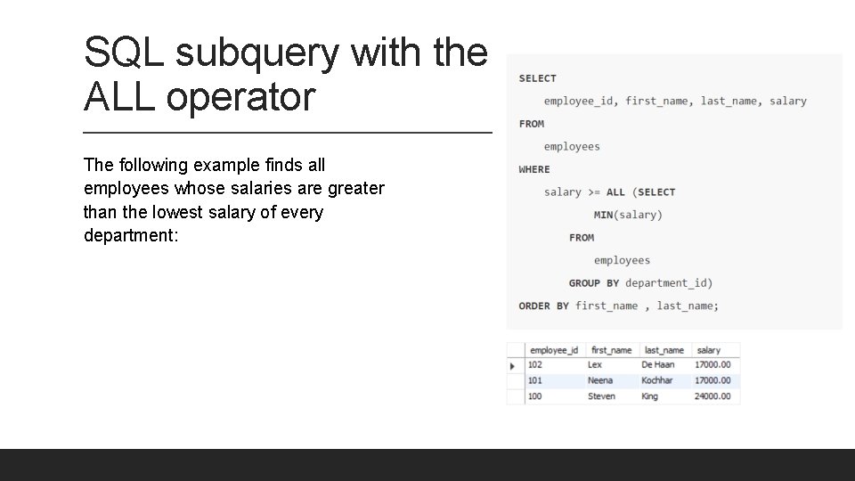SQL subquery with the ALL operator The following example finds all employees whose salaries