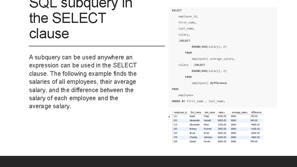 SQL subquery in the SELECT clause A subquery can be used anywhere an expression