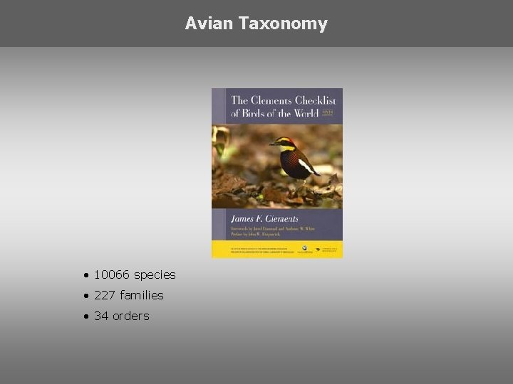 Avian Taxonomy • 10066 species • 227 families • 34 orders 