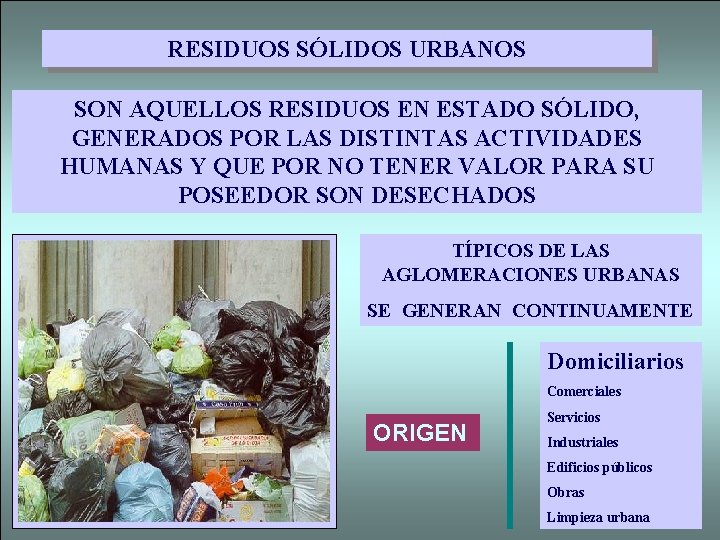 RESIDUOS SÓLIDOS URBANOS SON AQUELLOS RESIDUOS EN ESTADO SÓLIDO, GENERADOS POR LAS DISTINTAS ACTIVIDADES