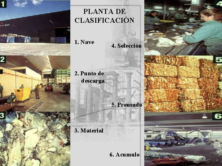 PLANTA DE CLASIFICACIÓN 1. Nave 4. Selección 2. Punto de descarga 5. Prensado 3.