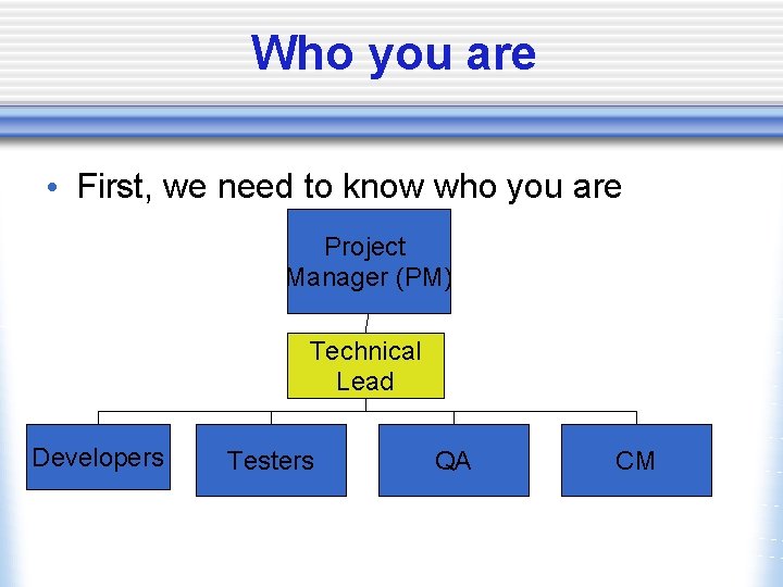 Who you are • First, we need to know who you are Project Manager