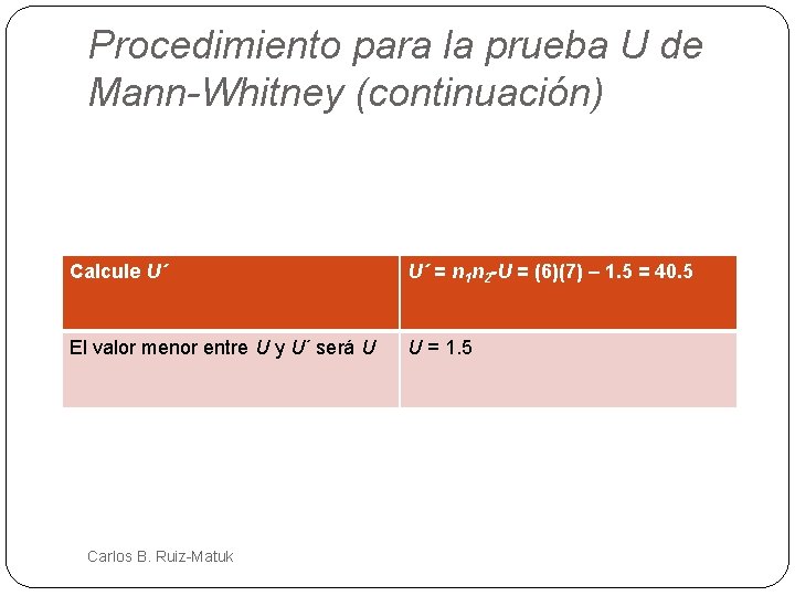Procedimiento para la prueba U de Mann-Whitney (continuación) Calcule U´ U´ = n 1