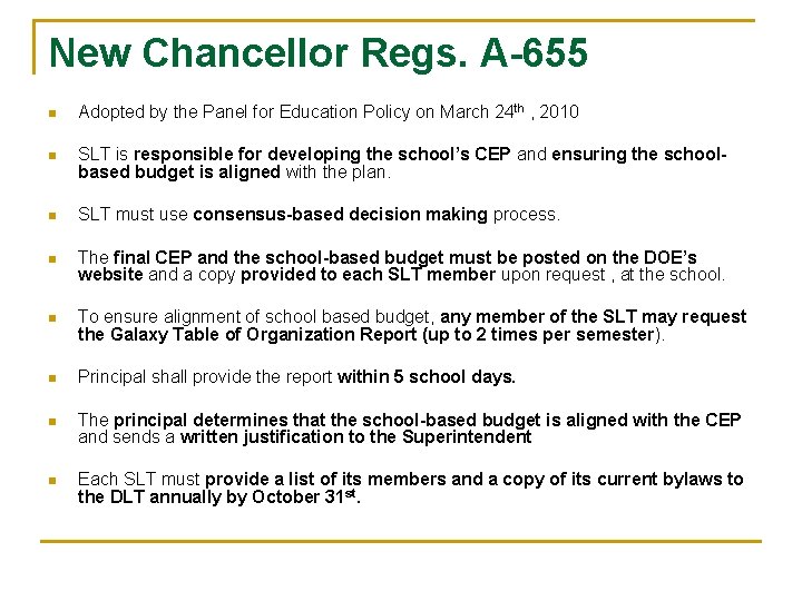 New Chancellor Regs. A-655 n Adopted by the Panel for Education Policy on March