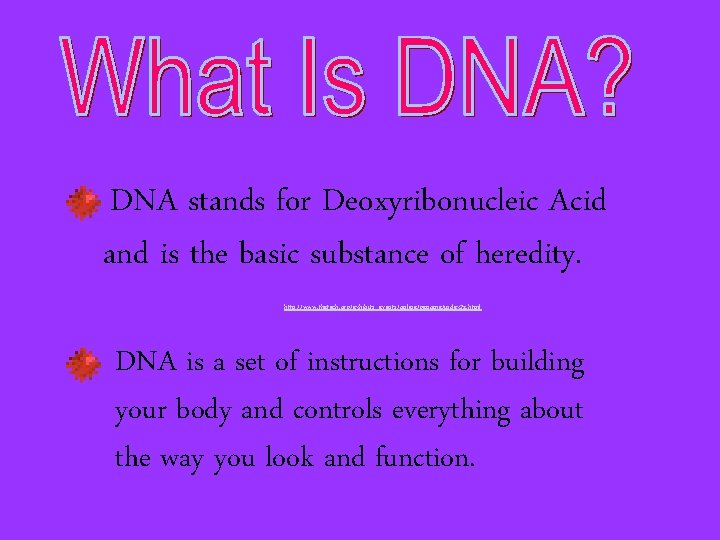 DNA stands for Deoxyribonucleic Acid and is the basic substance of heredity. http: //www.