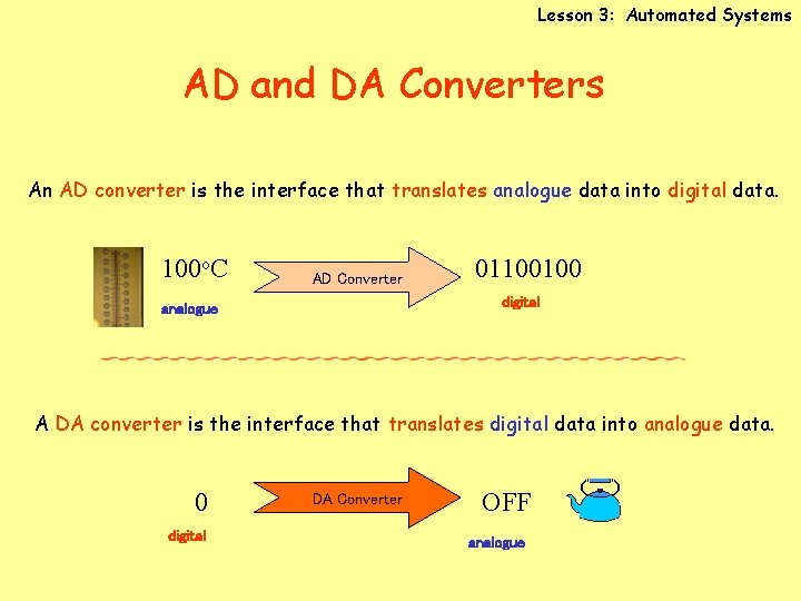Lesson 3: Automated Systems AD and DA Converters An AD converter is the interface