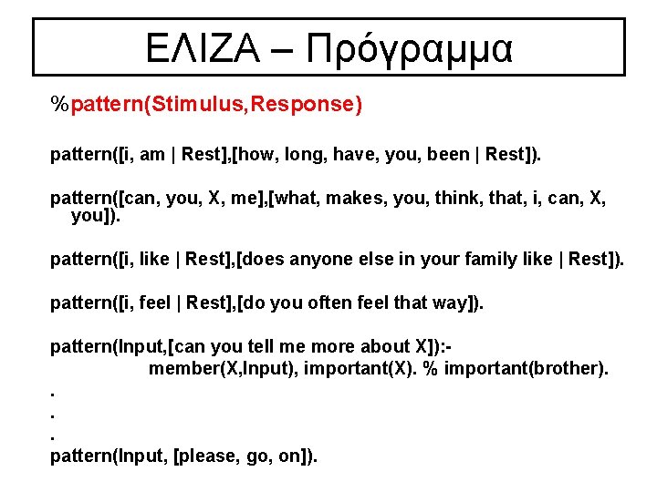 ΕΛΙΖΑ – Πρόγραμμα %pattern(Stimulus, Response) pattern([i, am | Rest], [how, long, have, you, been