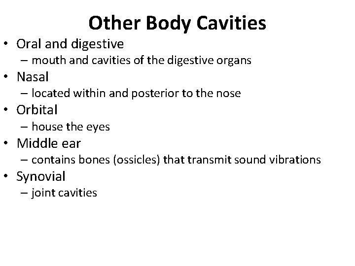 Other Body Cavities • Oral and digestive – mouth and cavities of the digestive Other Body Cavities • Oral and digestive – mouth and cavities of the digestive