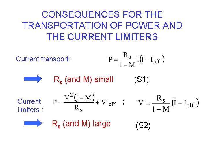 CONSEQUENCES FOR THE TRANSPORTATION OF POWER AND THE CURRENT LIMITERS Current transport : Rs