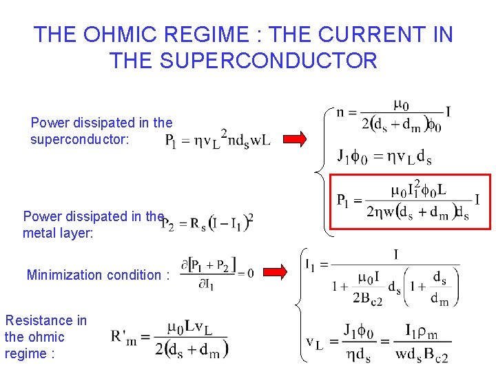THE OHMIC REGIME : THE CURRENT IN THE SUPERCONDUCTOR Power dissipated in the superconductor: