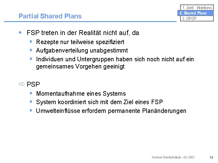 Partial Shared Plans 1. Joint Intentions 2. Shared Plans 3. GPGP § FSP treten
