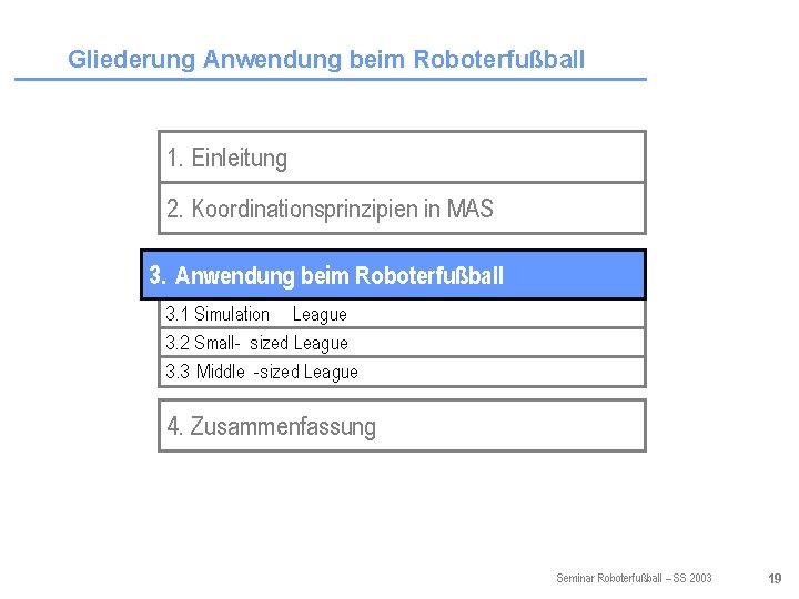 Gliederung Anwendung beim Roboterfußball 1. Einleitung 2. Koordinationsprinzipien in MAS 3. Anwendung beim Roboterfußball