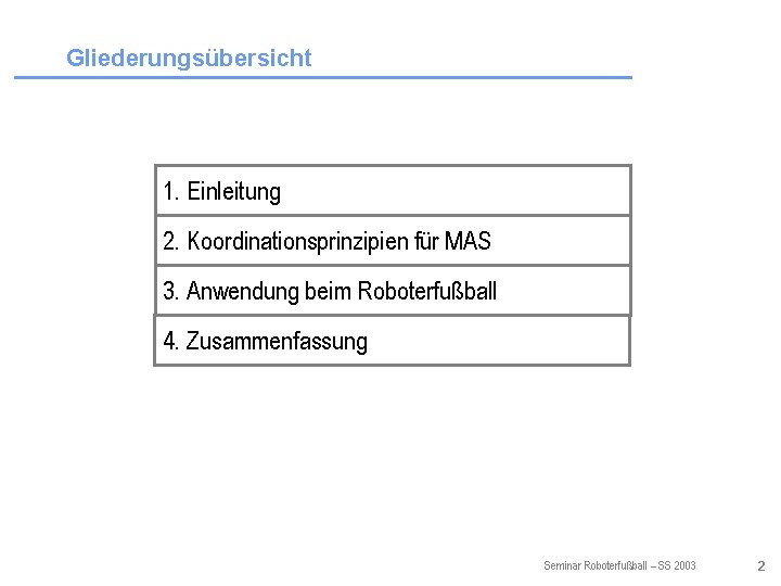 Gliederungsübersicht 1. Einleitung 2. Koordinationsprinzipien für MAS 3. Anwendung beim Roboterfußball 4. Zusammenfassung Seminar