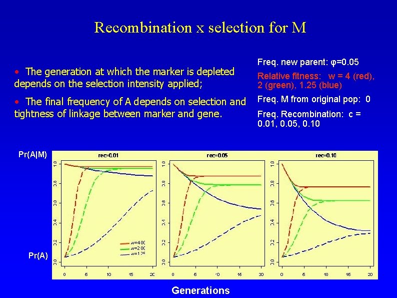 Recombination x selection for M • The generation at which the marker is depleted