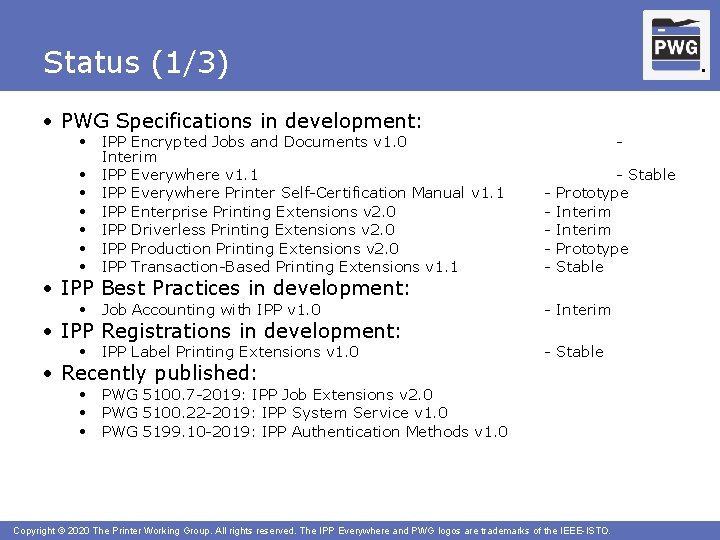 Status (1/3) ® ® • PWG Specifications in development: • IPP Encrypted Jobs and