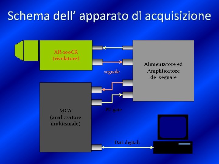 Schema dell’ apparato di acquisizione XR-100 CR (rivelatore) segnale MCA (analizzatore multicanale) PU gate