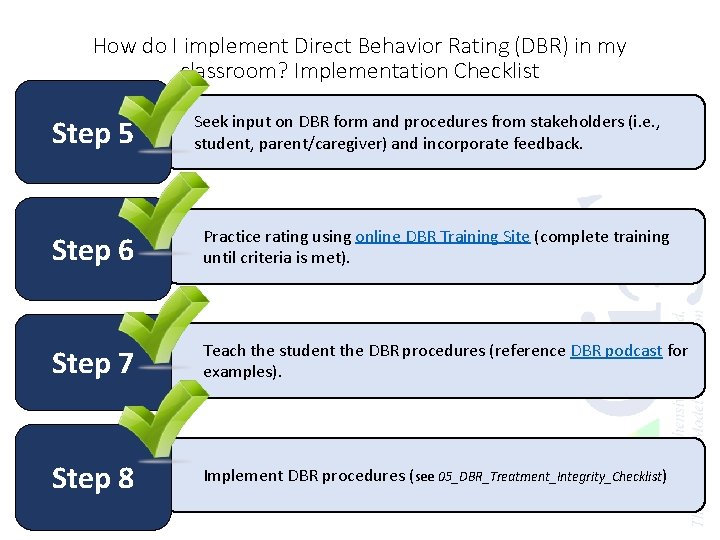 How do I implement Direct Behavior Rating (DBR) in my classroom? Implementation Checklist Step