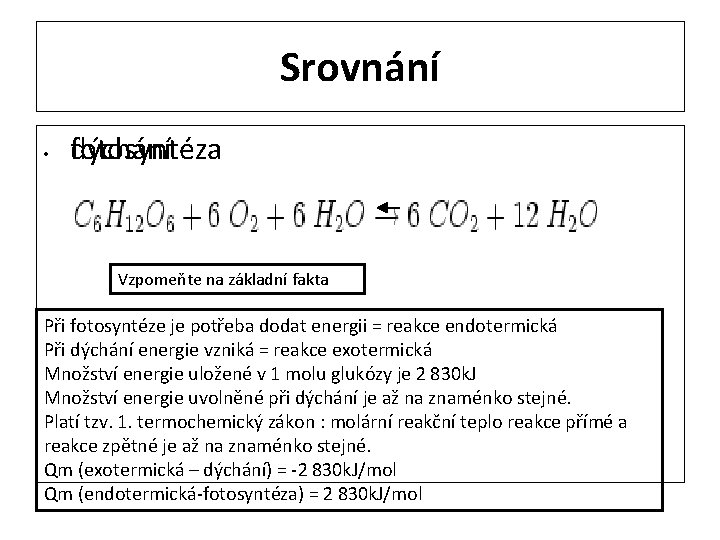 Srovnání • dýchání fotosyntéza Vzpomeňte na základní fakta Při fotosyntéze je potřeba dodat energii