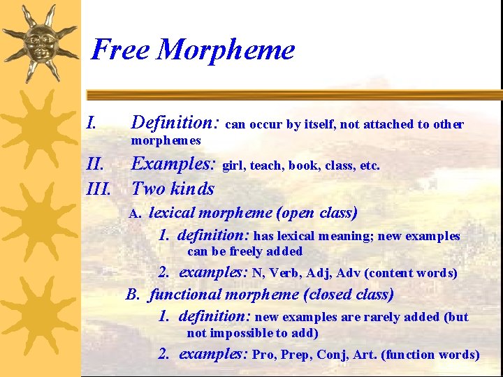 Free Morpheme I. Definition: can occur by itself, not attached to other morphemes II.
