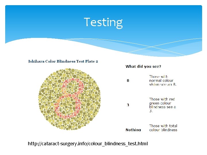Testing http: //cataract-surgery. info/colour_blindness_test. html 
