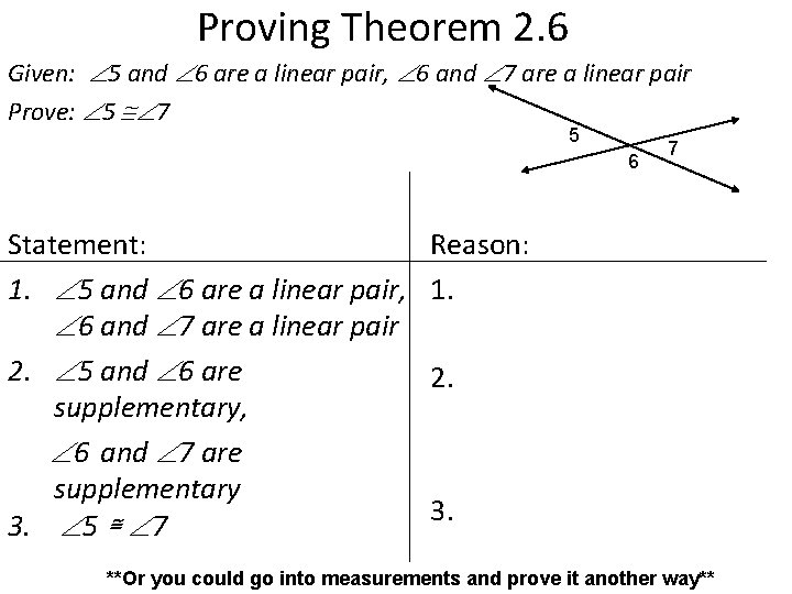 Proving Theorem 2. 6 Given: 5 and 6 are a linear pair, 6 and