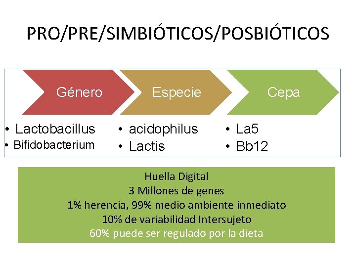PRO/PRE/SIMBIÓTICOS/POSBIÓTICOS Género • Lactobacillus • Bifidobacterium Especie • acidophilus • Lactis Cepa • La