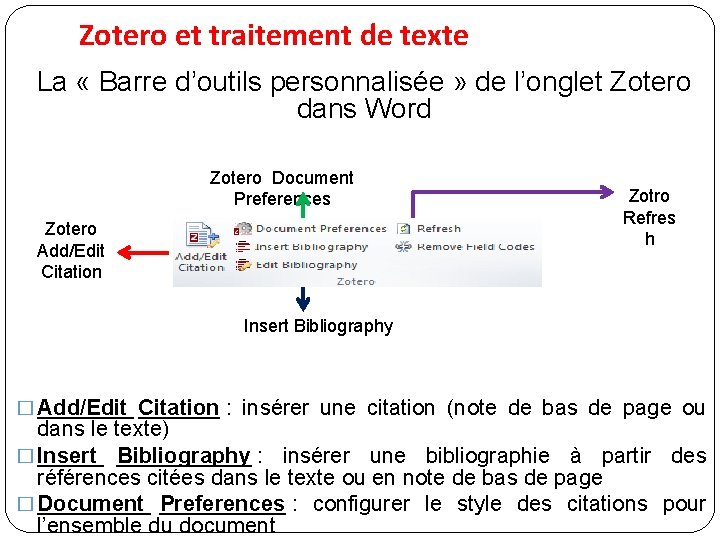 Zotero et traitement de texte La « Barre d’outils personnalisée » de l’onglet Zotero