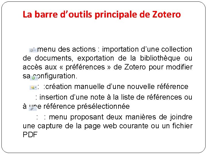 La barre d’outils principale de Zotero : menu des actions : importation d’une collection